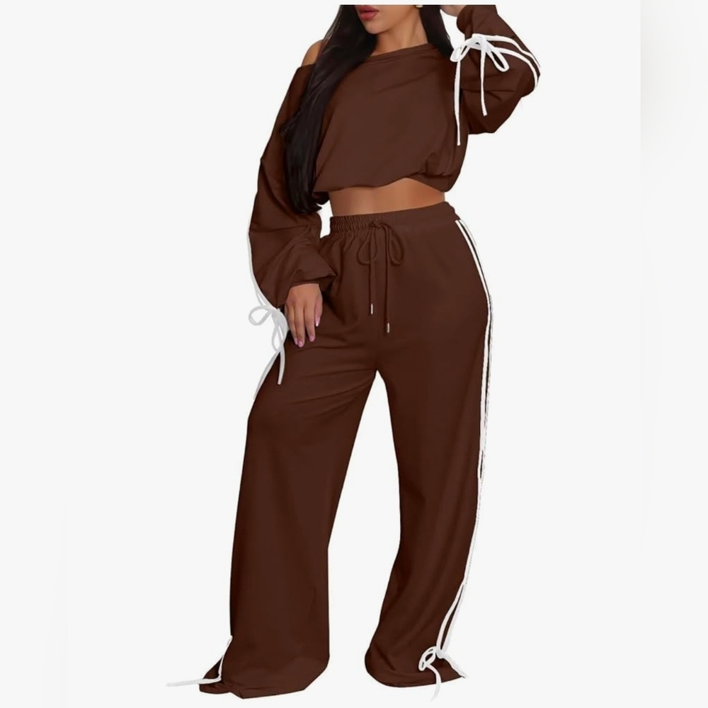 HOST PICK- Brown Off Shoulder Long Sleeve Crop Top With Wide Leg Pants Set